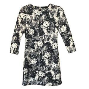 Zara Size S Black White Floral Print Mini Dress Fitted Back Zipper 3/4 Sleeves